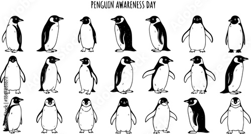 Black and White Line Art Penguin Collection for Penguin Awareness Day