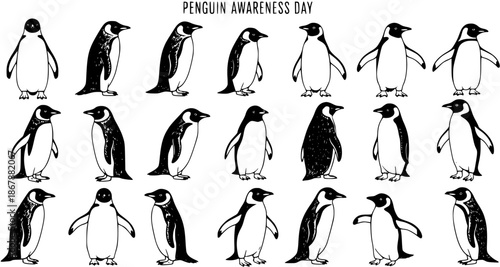 Black and White Line Art Penguin Awareness Day Vector Illustrations