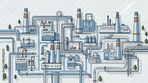 Industrial factory complex with many pipes and chimneys.