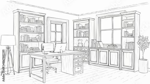 Sketch of a classic home office interior with bookshelves and desk.