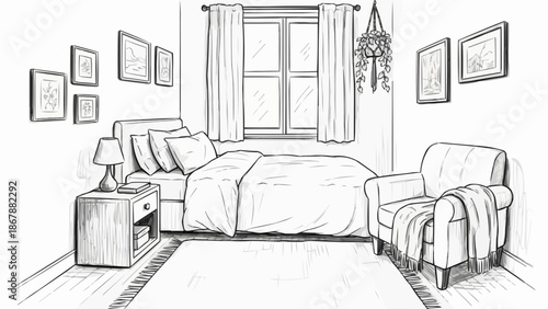 Cozy Bedroom Interior Sketch with Bed and Armchair.