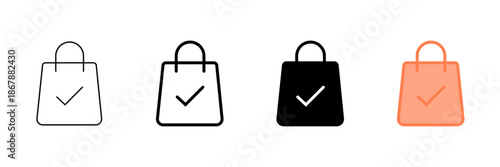 Set of minimalist shopping bag icons with transparent background, depicting purchase confirmation, successful transactions, e-commerce checkout, and order completion, vector illustration