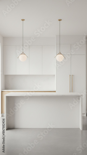Modern Minimalist Kitchen Island with Overhead Pendant Lamps and Blank Copy Space - Bright Contemporary Interior