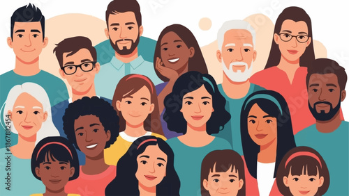 Diverse group of people of different ages and ethnicities smiling together.