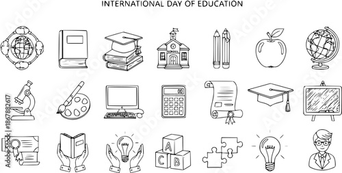 Black and White Line Art Icons of Education Symbols: Globe, Books, School, Apple, Microscope, Lightbulb, Pencils, Graduation Cap, Chalkboard, Diploma, Puzzles,Palette, Teacher, ABC Blocks