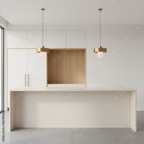 Modern Minimalist Kitchen Island with Overhead Pendant Lamps and Blank Copy Space - Bright Contemporary Interior