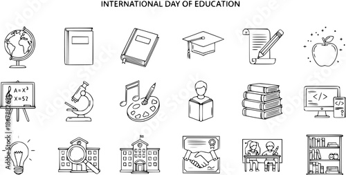 International Day of Education Icons: Black and White Line Art representing globe, books, graduation cap, writing, apple, science, music, computer, school buildings, diploma, learning, library