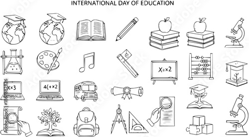 International Day of Education vector icons: globes, books, pencils, science equipment, art tools, laptops, school bus, graduation cap, blackboard, abacus, tree of knowledge, backpack, 