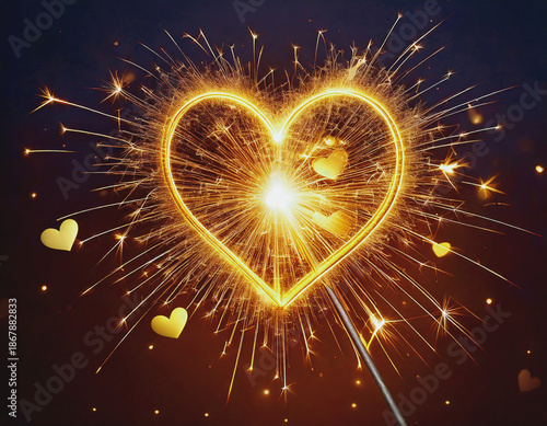 Gold Illuminated Hearts wth Sparkler Effects on Black AI