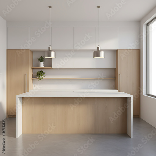 Modern Minimalist Kitchen Island with Overhead Pendant Lamps and Blank Copy Space - Bright Contemporary Interior