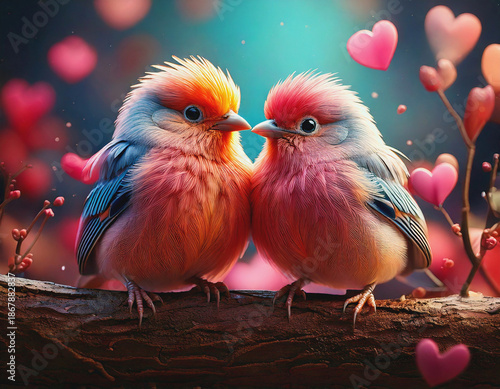Illustration of Two Love Birds with Hearts in Pinkish Tones AI