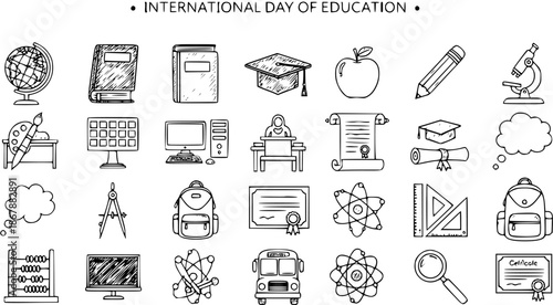 Black and White Line Art Icons for International Day of Education: Globe, Books, Graduation Cap, Apple, Pencil, Microscope, Desk, Computer, Diploma, Backpack