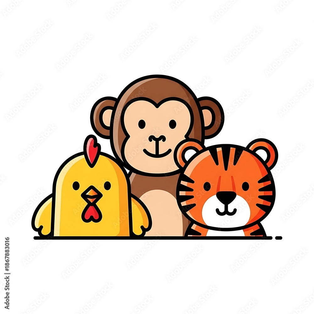 Fototapeta premium Cartoon animals monkey tiger chicken friends.