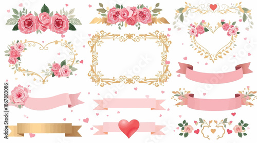 A collection of watercolor pink rose floral arrangements, golden frames, and pink ribbons with hearts, perfect for romantic celebrations and invitations.