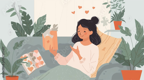 A happy young woman reading a book on a cozy sofa surrounded by houseplants, with hearts floating above her head, in a flat illustration style.