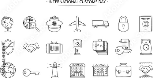 International Customs Day Doodle Line Art Icon Set for Global Trade, Logistics, and Border Control - Black and White Sketch Collection of Shipping, Travel, and Security Symbols