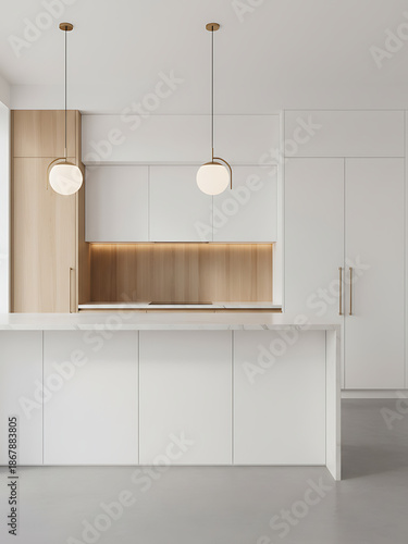 Modern Minimalist Kitchen Island with Overhead Pendant Lamps and Blank Copy Space - Bright Contemporary Interior