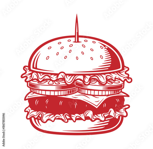 Classic american burger illustration with lettuce tomato and cheese in monochrome red color