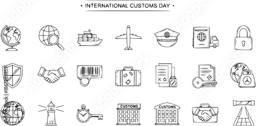 International Customs Day Icons: Line Art Collection for Global Trade and Logistics