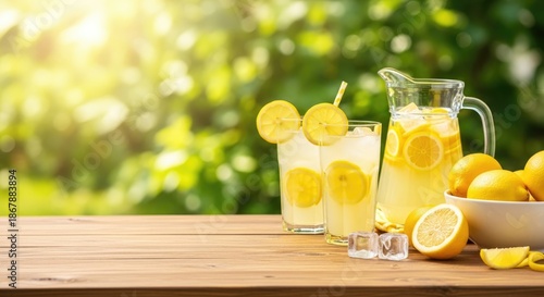 Two glasses of lemonade on a wooden table with a bowl of lemons and a pitcher of lemonade in the background.