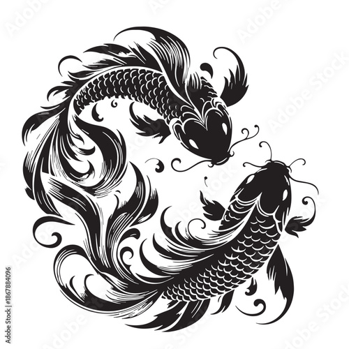 Black Koi Fish Duo Silhouette Vector, High Quality Illustration on White Background