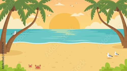 Sea beach sunset background. flat illustration design