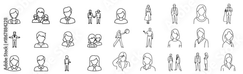 Outline icons representing diverse people for business and casual social interactions vector illustration.