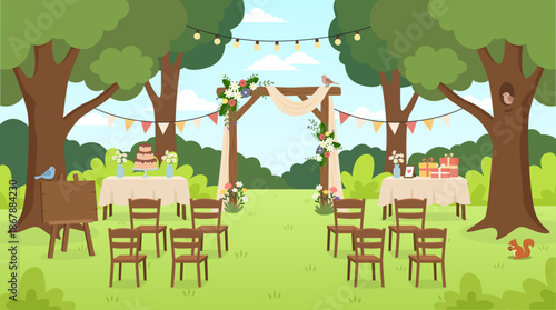 scene depicting the preparations for a wedding in a lush, natural garden. flat illustration design
