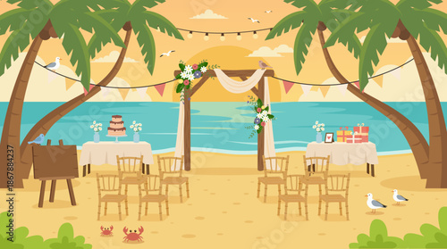 scene of wedding preparations on the beach. flat illustration design