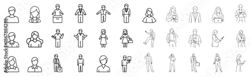 Simple thin line vector sketches of various individuals in work and social settings, vector illustration.