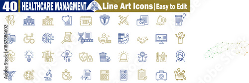 Healthcare management line art icons, easy to edit for medical services and health care vector illustration.