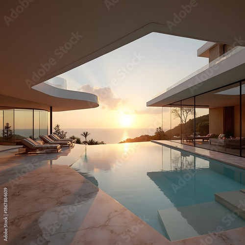 Ultra-Modern Luxury Villa Interior with Double-Height Ceiling and Infinity Pool at Sunset, Architectural HDR Photography