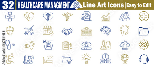 Healthcare management line art icons, easy to edit for medical services and health care vector illustration.