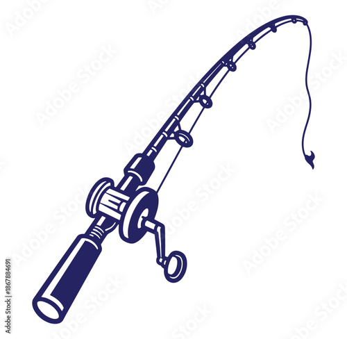 Detailed illustration of a fishing rod angled and ready to reel with a simple hook