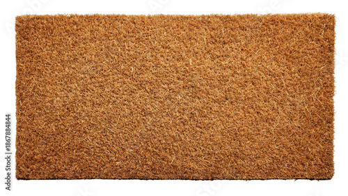 Textured, rectangular, tan coir doormat on a black background