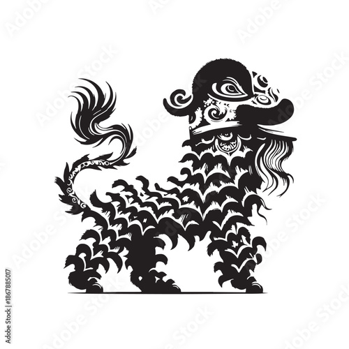 Black Lion Dance Silhouette Vector, High Quality Illustration on White Background