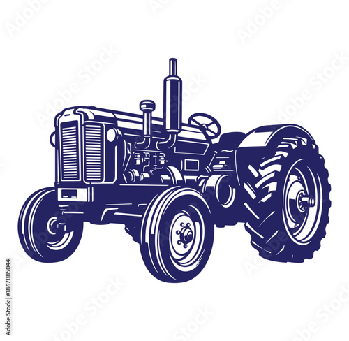 Detailed vector illustration of a vintage agricultural tractor in a monochromatic silhouette
