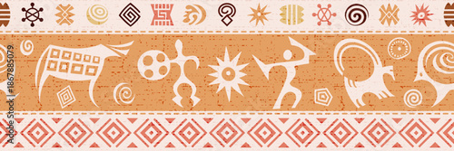 Ethnic seamless border on the theme of rock paintings, petroglyphs and geometric pattern, vector design, banner