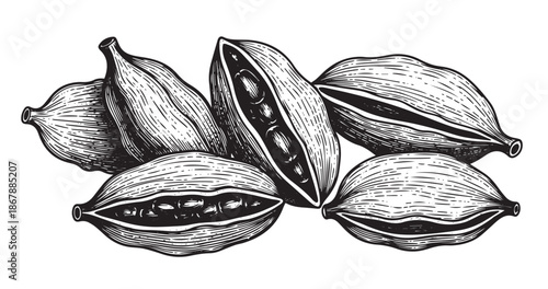Cardamom pods botanical vintage engraving isolated on white background