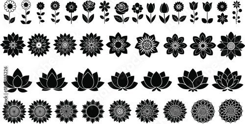   
Silhouette flower icon set with lotus, mandala, garden blooms, and decorative floral patterns for botanical vector design use.