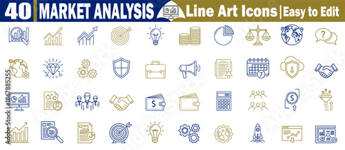 Market analysis line art icons set for business data visualization and financial growth vector illustration.