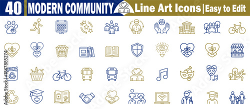 Modern community and lifestyle line art icons for urban living and social interaction vector illustration.