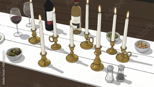 Elegant Table Setting with Lit Candles and Wine Bottles.