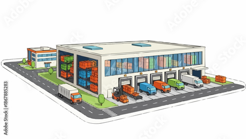 Modern logistics warehouse with loading docks and trucks illustration.