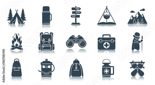 Collection of camping and hiking icons with outdoor equipment and activities.