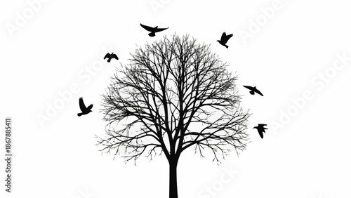 Silhouette of a bare tree with birds flying around it.