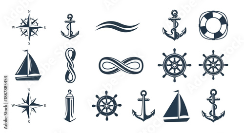 Set of nautical icons including anchors, ship wheels, compasses, lifebuoy, and sailboats in a simple graphic style.