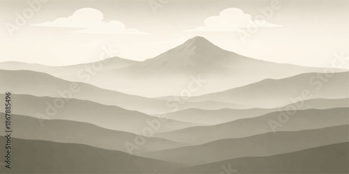 Majestic mountain landscape at sunrise with peaks silhouetted against a blue sky as morning mist and fog settle over the snow capped valley hills in this nature vector illustration