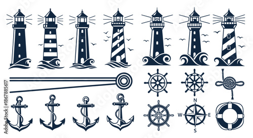 Nautical themed vector illustration set with lighthouses, anchors, ship wheels, and lifebuoy icons.