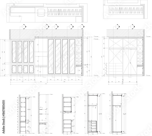 Luxury Modern Interior Design of Dressing Area with Built-in Wardrobe, Storage Cabinets, Vanity Table, and Detailed Section Drawing